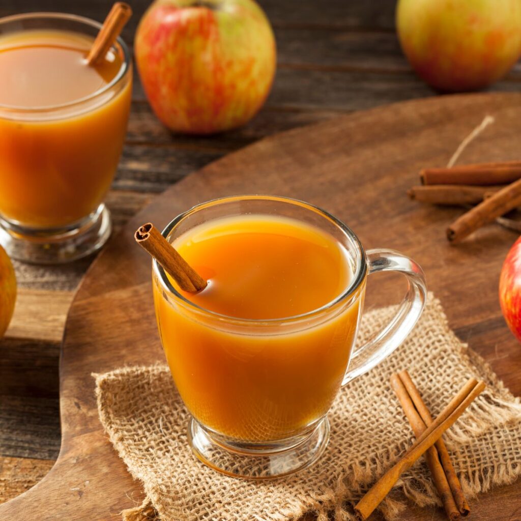 a hot mug of old-fashioned mulled apple cider with a cinnamon stick in it