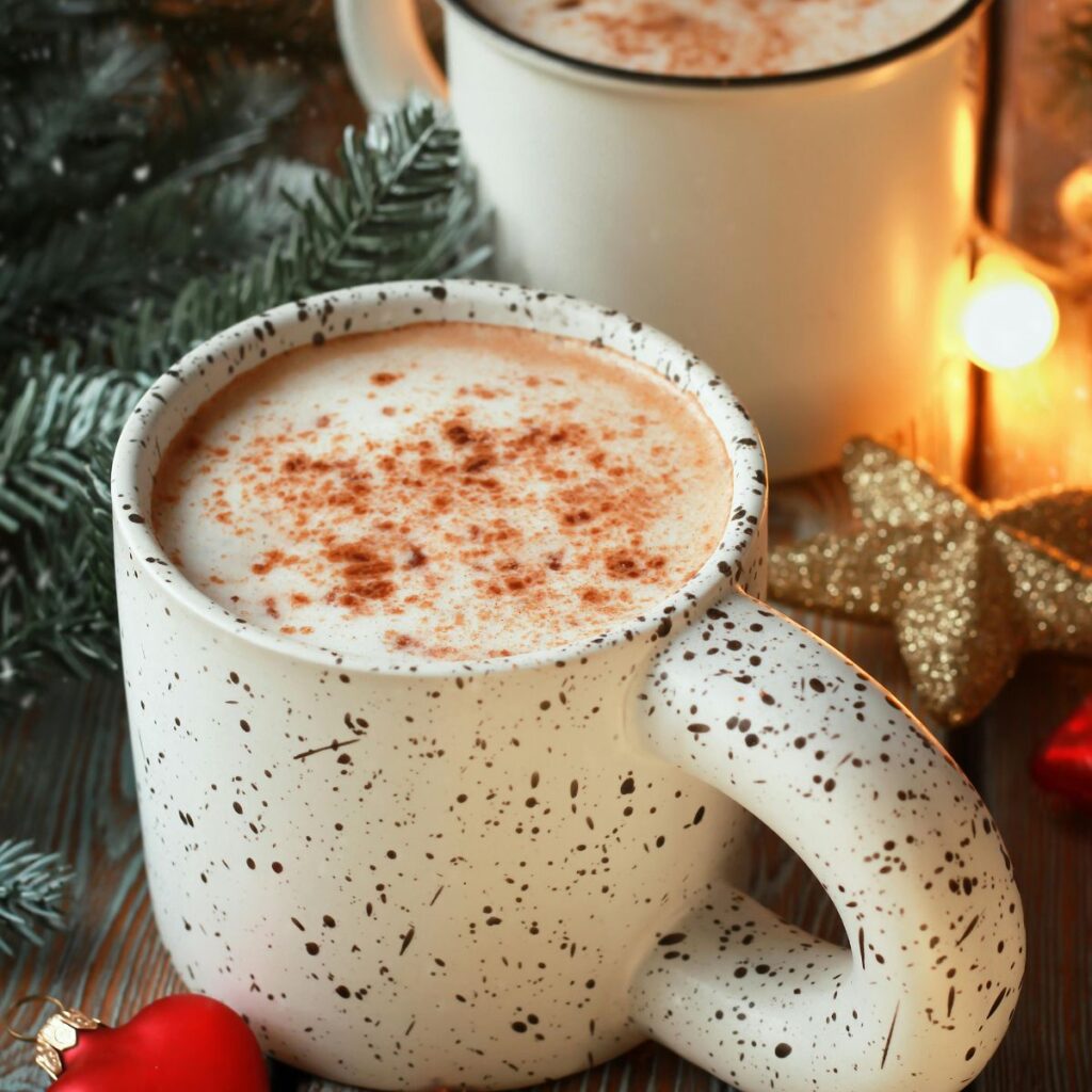 Homemade Hot Cocoa in a mug with pine needles around it