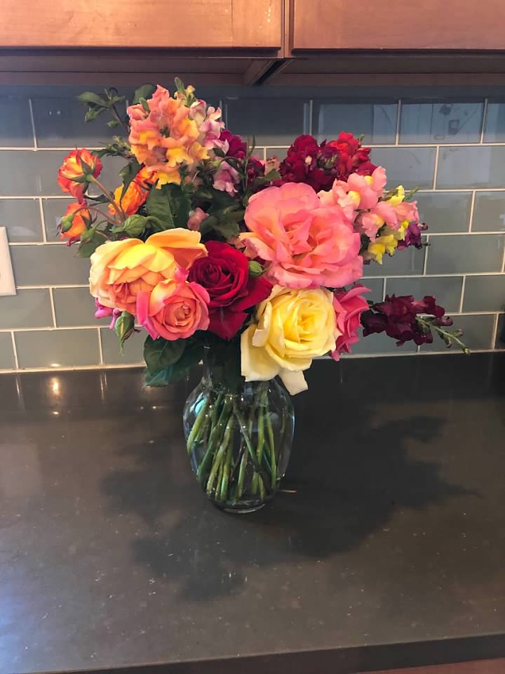 Cut flower bouquet on counter